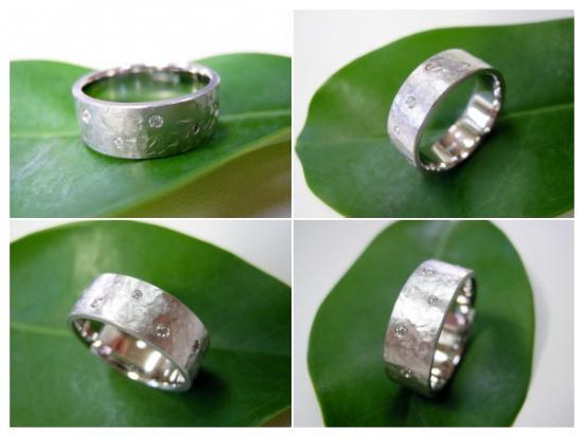 鍛造 結婚指輪 プラチナ pt900 太い 平打ち リング 幅7mm 槌目 マット ダイヤ付き 4枚目の画像