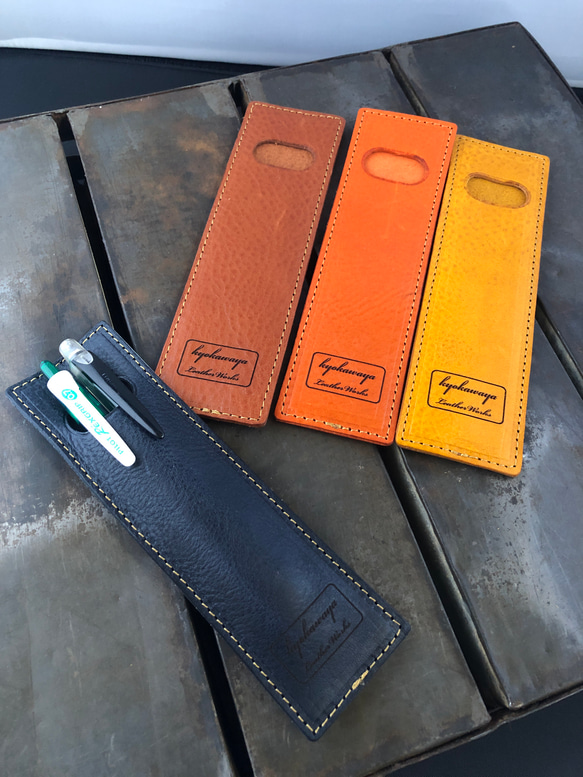 【イタリアンレザー】2本さしスリムペンケース　ネイビー 1枚目の画像