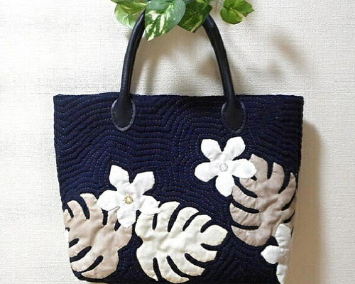 シュウメイギクのハワイアンキルトバッグ ハンドメイド シュウメイギク
