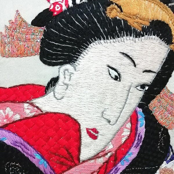 刺繍クッションカバー「浮世絵の女」 3枚目の画像