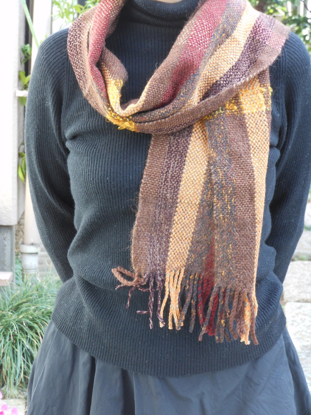 手織り マフラー MUF100B シルクウール  チェック 男女共用 茶系 プレゼント