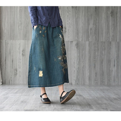 母の日 レトロ 刺繡スカート 2022春夏新作 ドローストリング デニムスカート ミドル丈 レディーススカート 6枚目の画像
