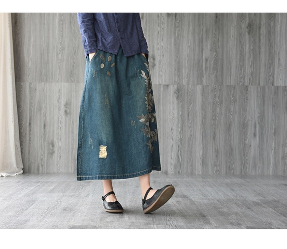母の日 レトロ 刺繡スカート 2022春夏新作 ドローストリング デニムスカート ミドル丈 レディーススカート 6枚目の画像