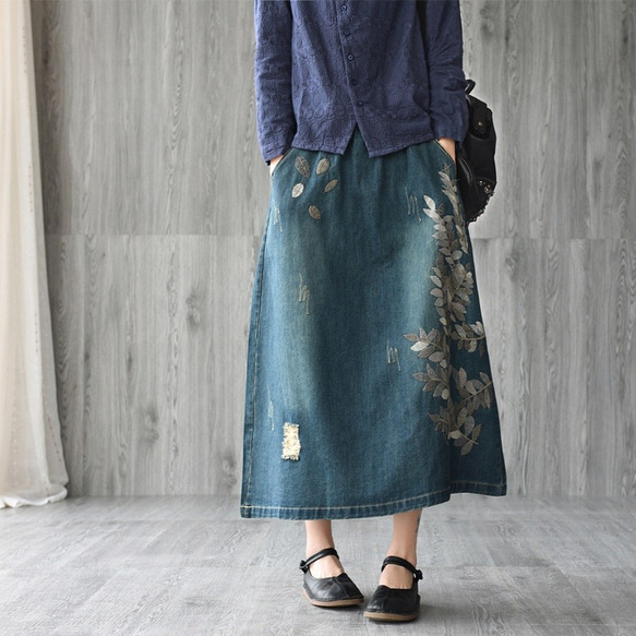 母の日 レトロ 刺繡スカート 2022春夏新作 ドローストリング デニムスカート ミドル丈 レディーススカート 8枚目の画像
