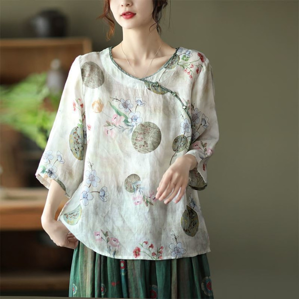 春の福袋 母の日 中華風 ビーズバックル ラミー ブラウス 女性 夏 薄いシャツ コットン ブラウス リネンシャツ 1枚目の画像