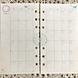 システム手帳リフィル　バイブルサイズ　青い小鳥柄　カレンダーと罫線メモセット 2枚目の画像