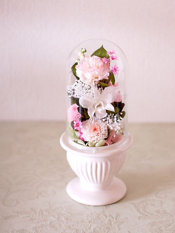 【仏花】再販15＊ガラスドームの白＆ピンク供花【供花】 5枚目の画像