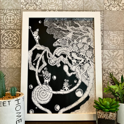 絵画。原画手描き【青リンゴが好きなシャム猫】 絵画 アカザ麦