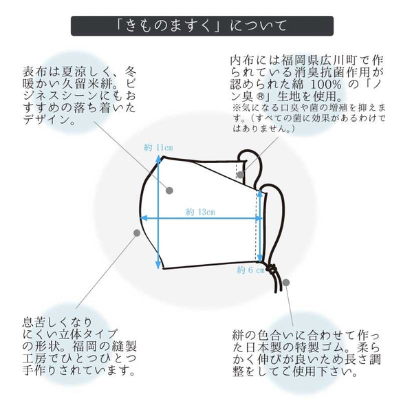 【送料無料】【ラッピング無料】久留米絣マスク 井桁あられ乱 洗える布マスク 綿100% 消臭抗菌生地 8枚目の画像