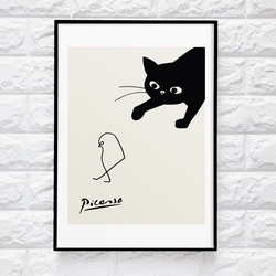 【0088】ピカソスケッチ・小鳥と黒猫のアートポスター　北欧　海外インテリア　ナチュラル 1枚目の画像