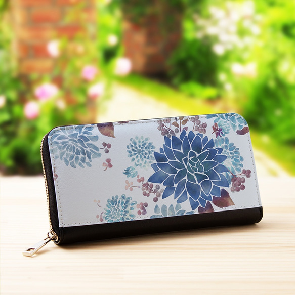 【長財布】ダリアパウダーブルー【花柄】【Hanayukiオリジナルアート】財布 大容量 2枚目の画像