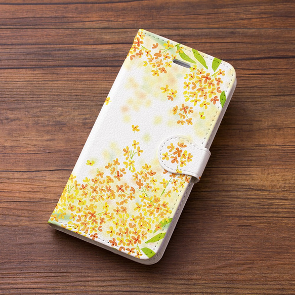 カメラ穴あり】iPhone/Android対応 金木犀【手帳型スマホケース】花柄
