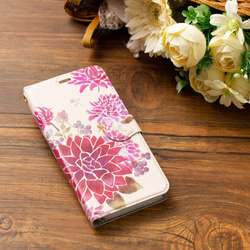 【カメラ穴あり】iPhone/Android対応  ダリアピンクベージュ 手帳型スマホケース 花柄 iPhone15 3枚目の画像