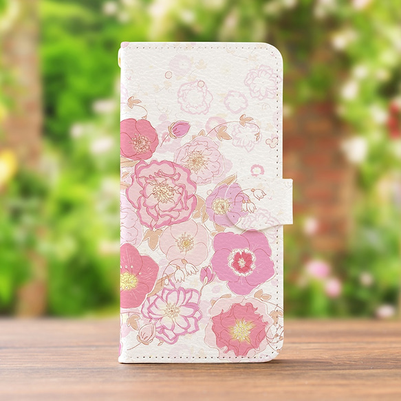 [附相機孔] iPhone/Android 相容聖誕玫瑰淡粉紅色 [翻蓋式智慧型手機外殼] 花卉圖案 第1張的照片