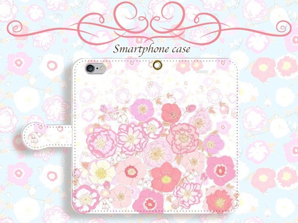 [附相機孔] iPhone/Android 相容聖誕玫瑰淡粉紅色 [翻蓋式智慧型手機外殼] 花卉圖案 第2張的照片