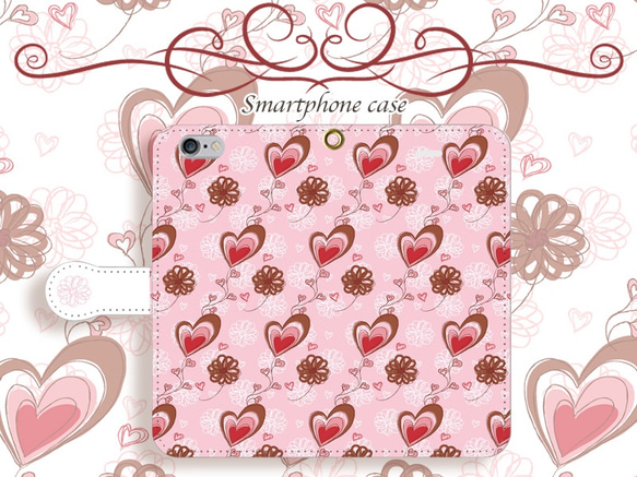 免費送貨♪【帶攝像頭孔】iPhone / Android兼容Heartful花甜蜜粉紅色【筆記本式智能機箱】 第3張的照片