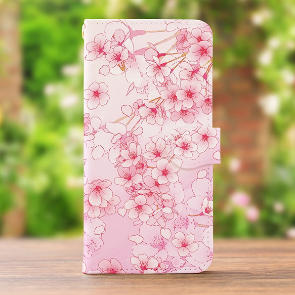 [帶相機孔] 相容於iPhone/Android，櫻花粉紅色 [筆記本智慧型手機保護殼] 幾乎相容於所有型號，花卉圖案 第1張的照片