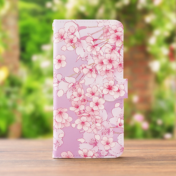 【カメラ穴あり】iPhone/Android対応 桜パープル【手帳型スマホケース】 1枚目の画像