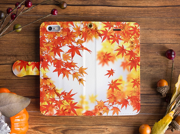 【カメラ穴あり】iPhone/Android対応  紅葉 【手帳型スマホケース】花柄 1枚目の画像