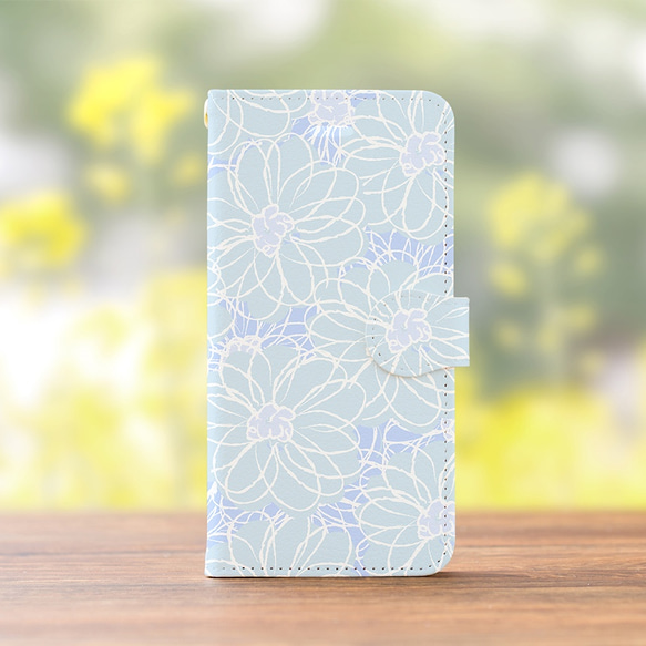 [帶相機孔] 適用於 iPhone/Android 棉花藍色 [翻蓋式智慧型手機外殼] 幾乎適用於所有型號 花卉圖案 第1張的照片