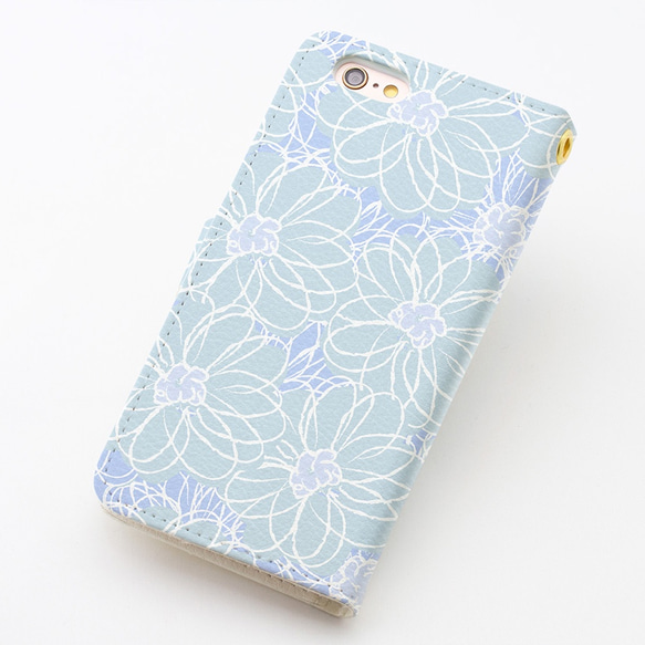 [帶相機孔] 適用於 iPhone/Android 棉花藍色 [翻蓋式智慧型手機外殼] 幾乎適用於所有型號 花卉圖案 第2張的照片