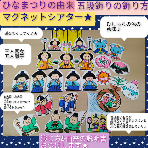 演じ方&由来の説明書つき　ひなまつりの由来のお話　五段飾りの飾り方　磁石でペタリ★マグネットシアター 1枚目の画像