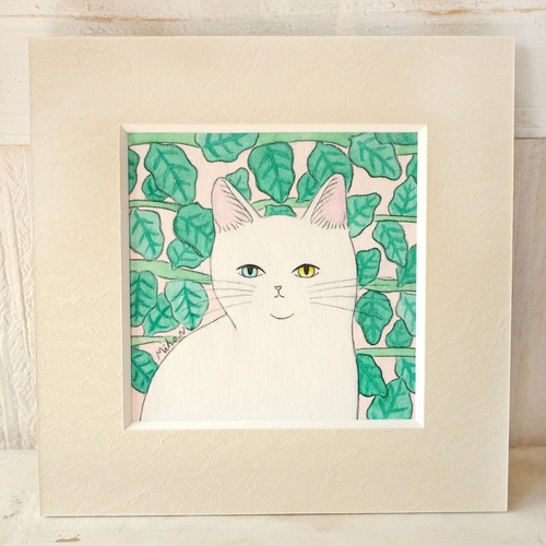 アクリル画】幸せを運ぶ猫【絵画】白猫、オッドアイ