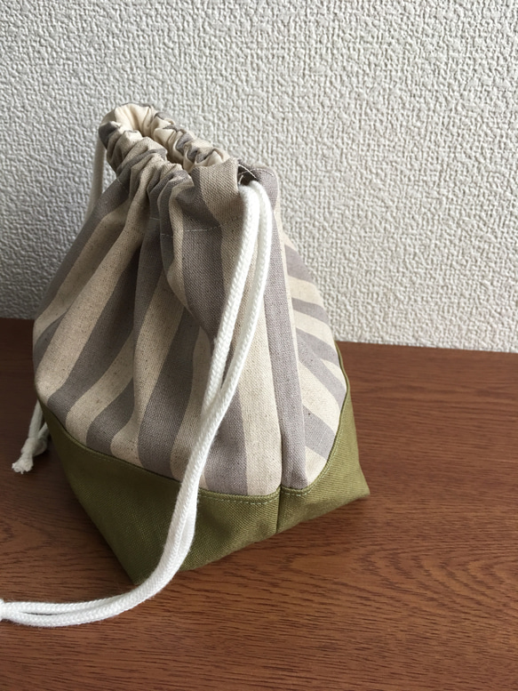 お弁当袋✽ストライプ✕帆布✽グレー✕モスグリーン 2枚目の画像