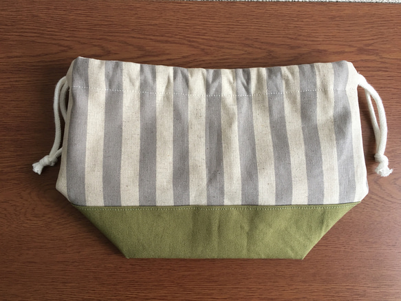 お弁当袋✽ストライプ✕帆布✽グレー✕モスグリーン 3枚目の画像