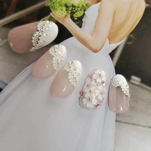 華やかレースと桜のブライダルネイルチップ ウェディング 結婚式 前