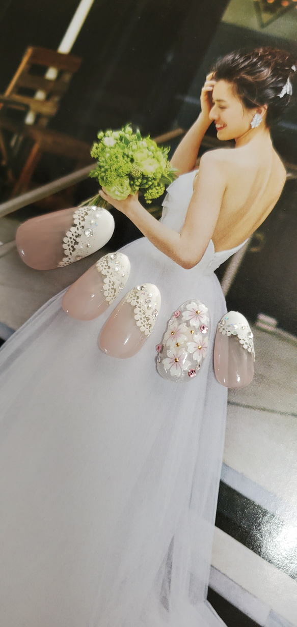 華やかレースと桜のブライダルネイルチップ ウェディング 結婚式 前