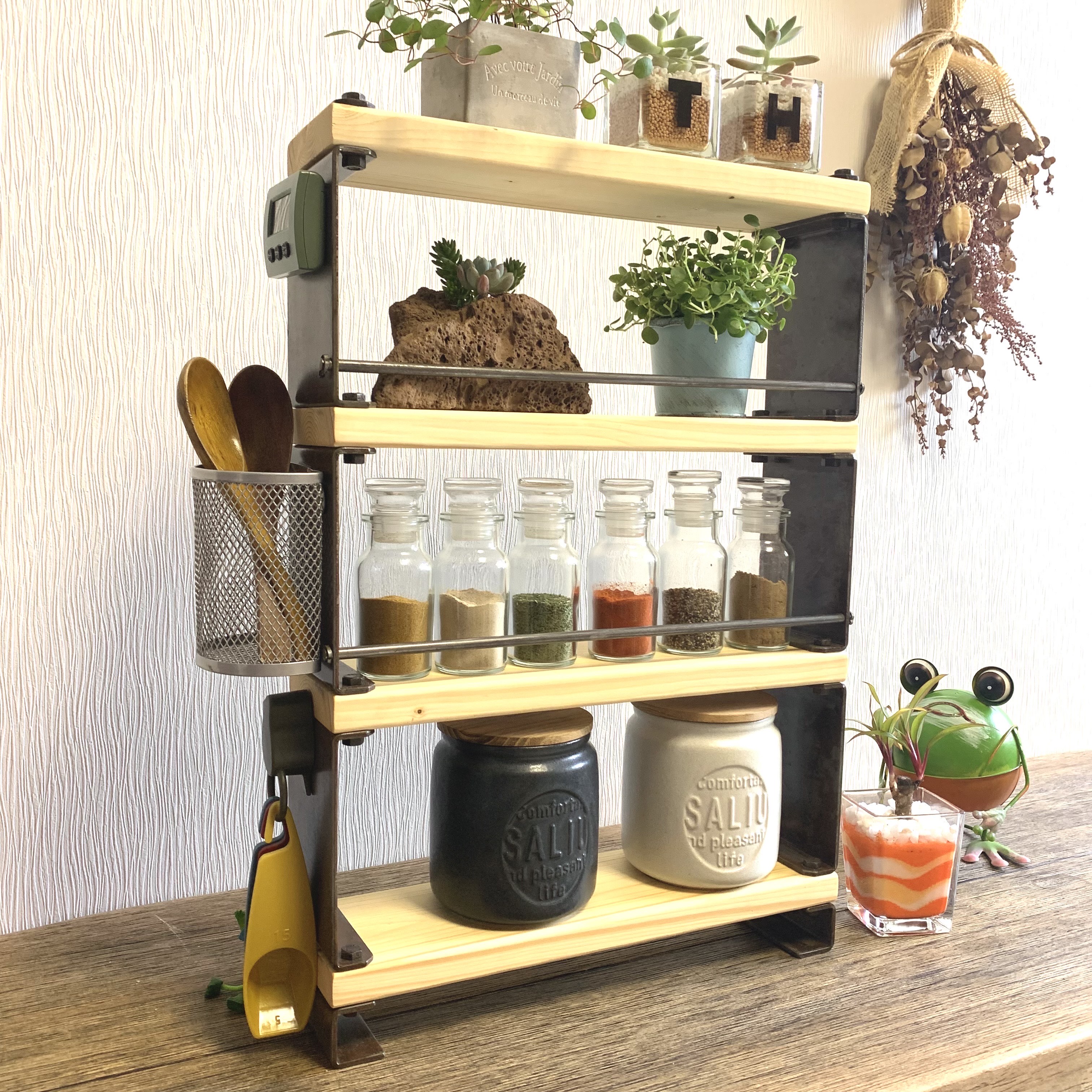 ☆再販☆台所周りもスッキリ収納♪キッチン収納棚♪4段 ナチュラルカラー 収納 棚 スパイスラック おしゃれ 調味料