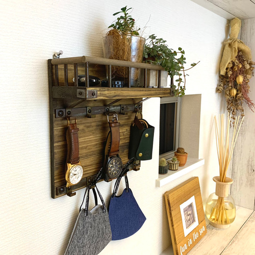 ☆再販×3☆【ウォールシェルフ 10連フック付 エボニーカラー