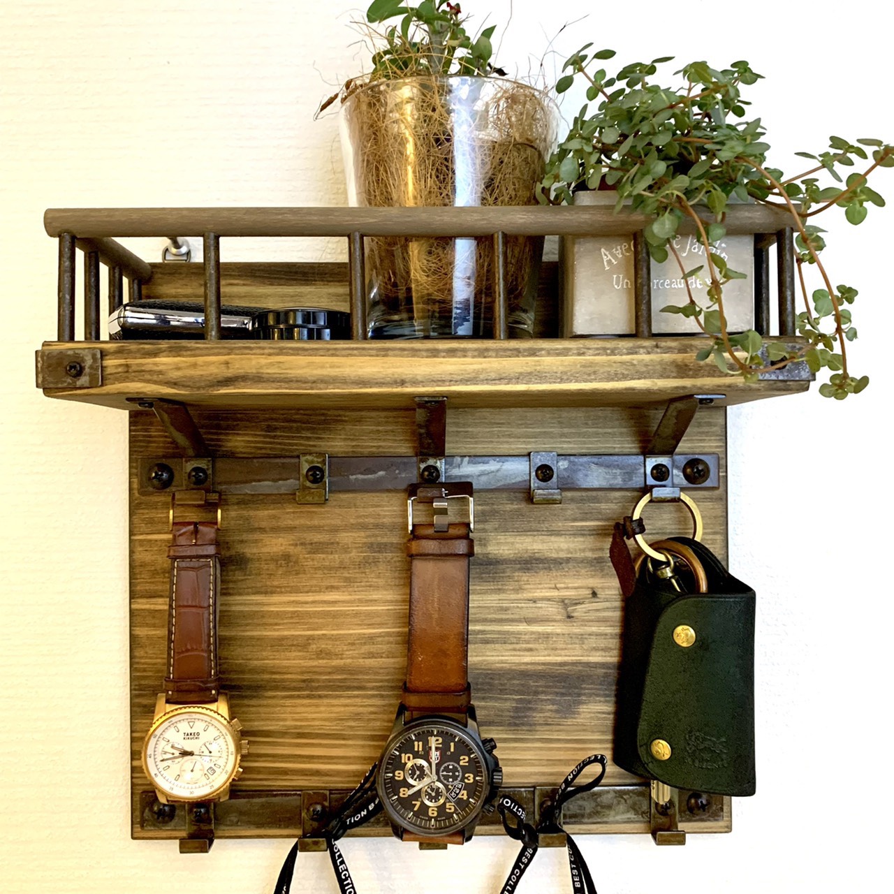 ☆再販×3☆【ウォールシェルフ 10連フック付 エボニーカラー】玄関 壁掛け キーフック マスク アクセサリーフック