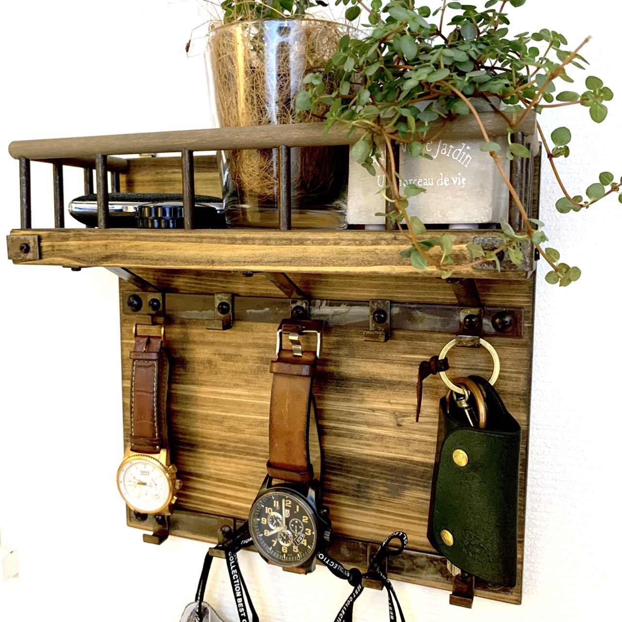 ☆再販×3☆【ウォールシェルフ 10連フック付 エボニーカラー】玄関 壁掛け キーフック マスク アクセサリーフック