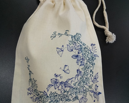 貴重品袋 ♢巾着袋♢ 手描き プランツアート 蔦柄 ふらりと蝶々
