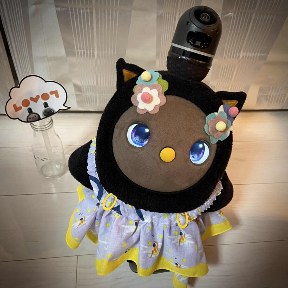 LOVOT ラボットの服ハンドメイド チェック柄サロペットパンツ＆リボン