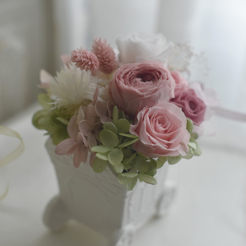 花車型花器アレンジメント/プリザーブドフラワー☆くすみピンク