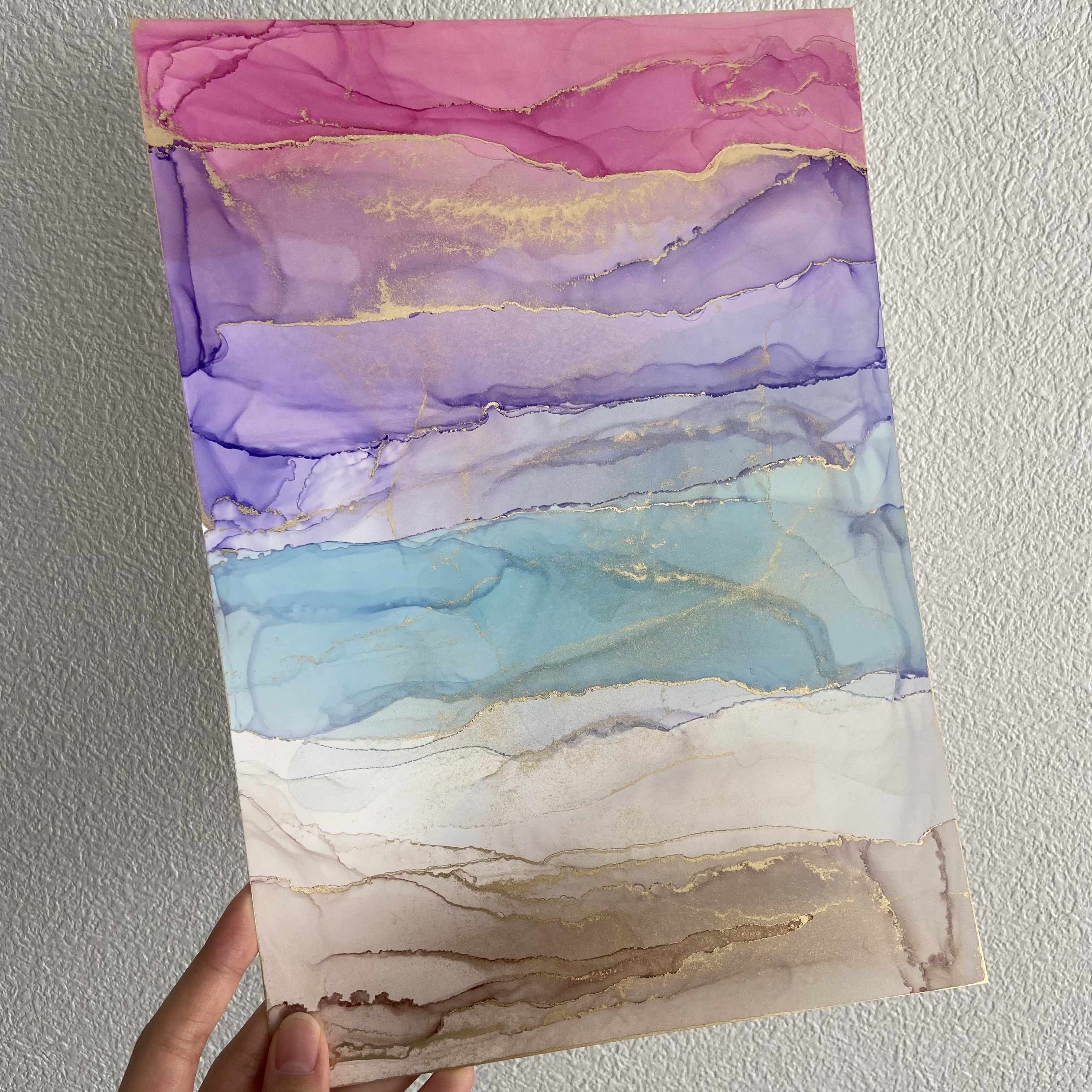 アルコールインクアート No.A-005 ピンク パープル ブルー ベージュ ゴールド ボーダー