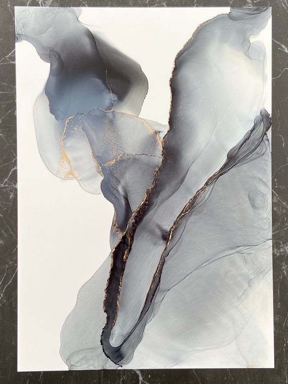 【nksasuke様専用】アルコールインクアート No.A-049 ブラック ゴールド ニュアンス 木製パネル＋レジン 4枚目の画像