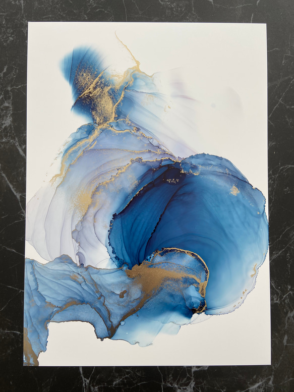 【送料無料】アルコールインクアート No.A-058 ブルー ゴールド ニュアンス 4枚目の画像