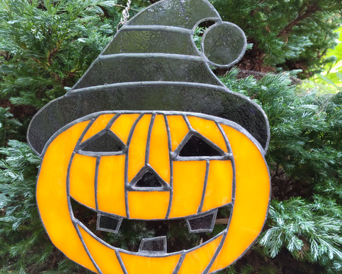 ステンドグラス　ハロウィンのパネル 秋の葉っぱ ハロウィン雑貨 ステンドグラスパネル サン