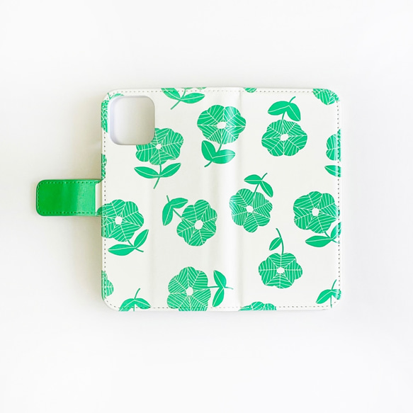 シンプルかわいい手帳型iphoneケース[green flower] 4枚目の画像