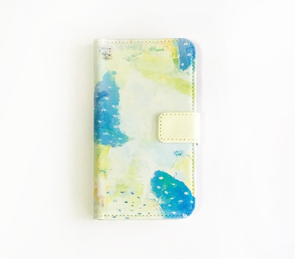 絵の具で描いたような手帳型iphoneケース[青のはぎれ] 1枚目の画像