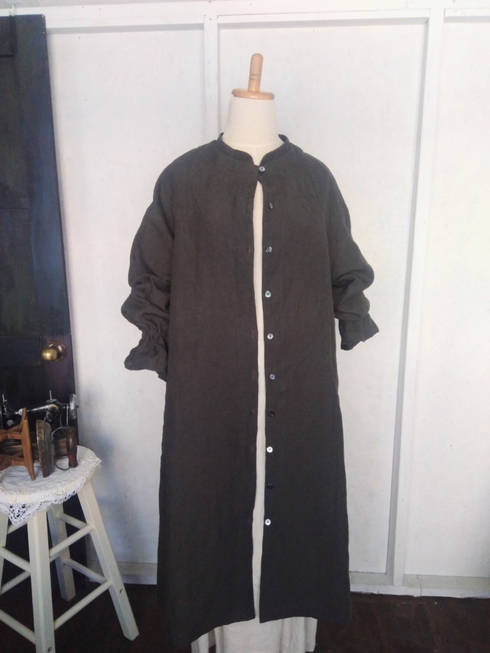 リネンコートワンピースこげ茶