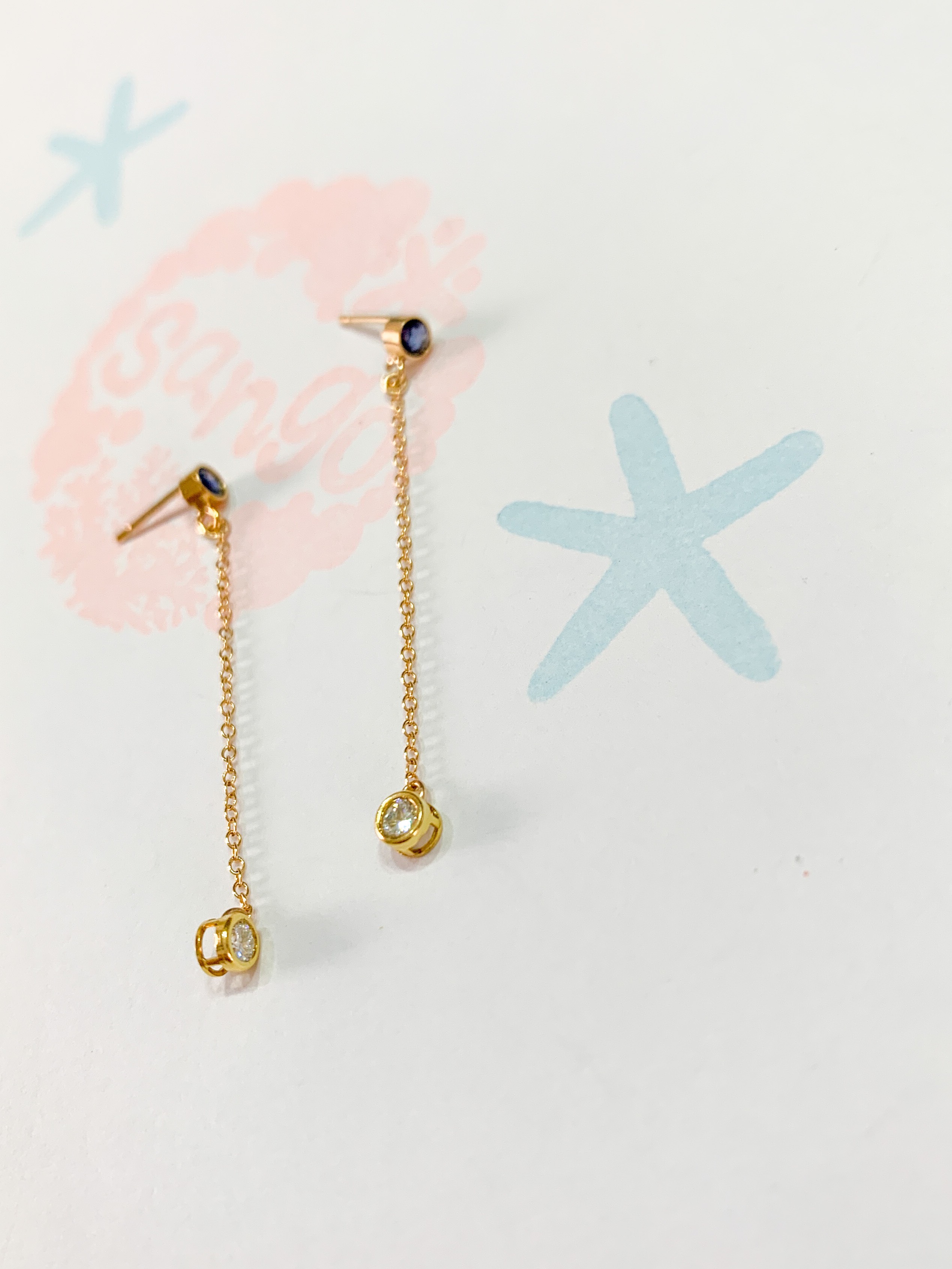 k14gf  ブルーサファイア　モアサナイト　チェーンピアス