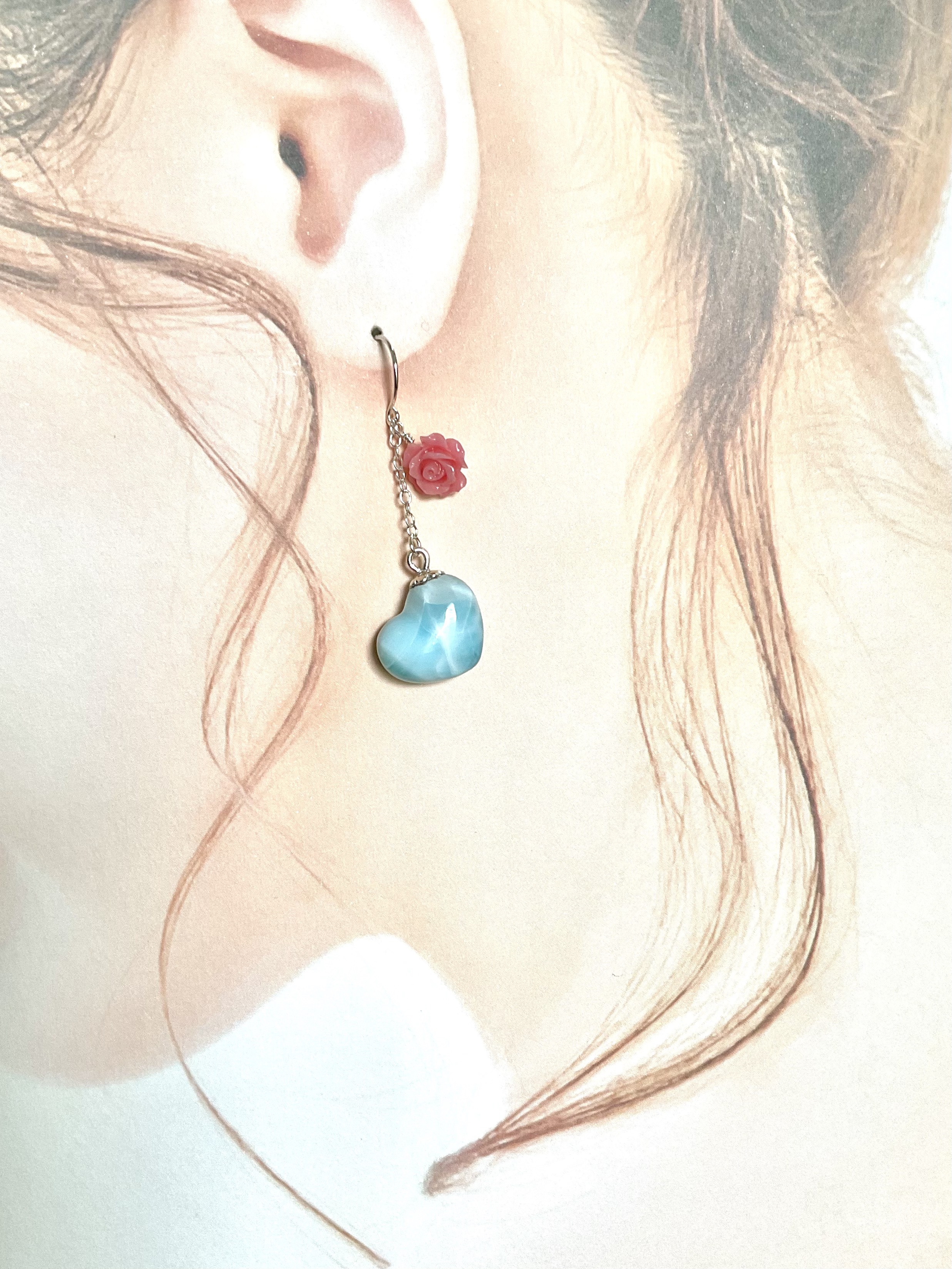 silver925  ハートラリマー　薔薇珊瑚　チェーンピアス