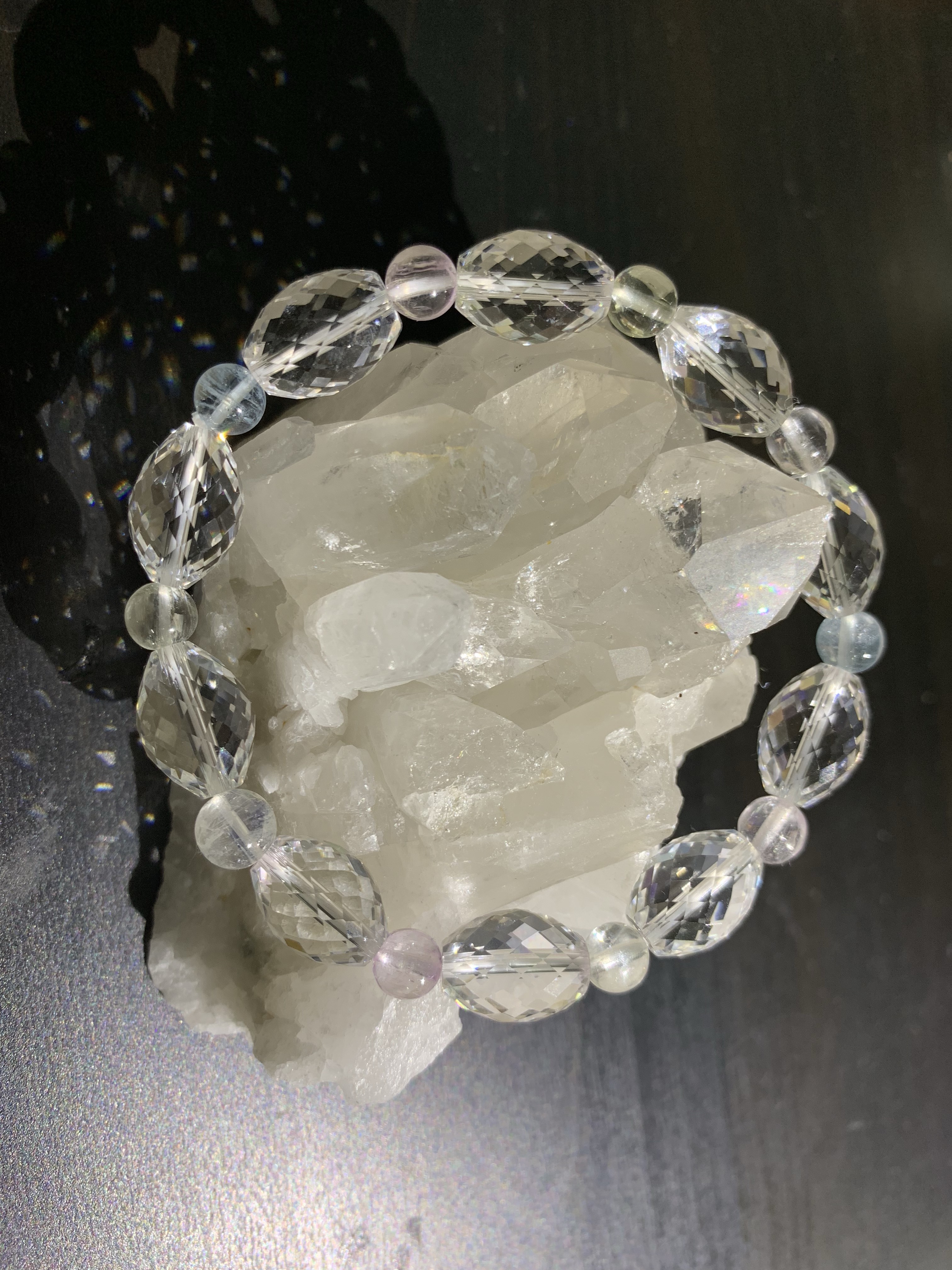 クンツァイト アクアマリン レインボームーンストーン カット水晶 ブレスレット