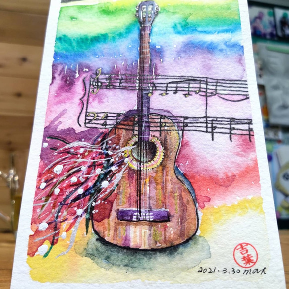 靜物 吉他 guitar 明信片105x148mm max 葉于聖水彩明信片Watercolor postcards 第1張的照片