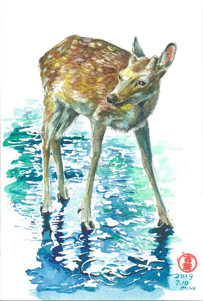 定期入れの 水彩画+木版画 おおき 鹿」 清野克己「抽象 版画